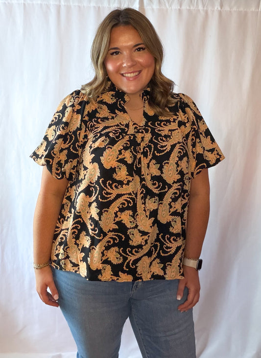 Black Paisley Print Top