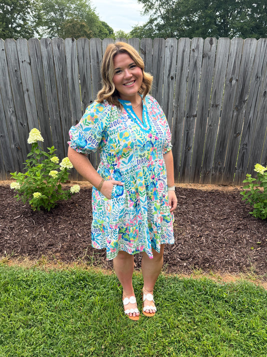 Green Botanical Floral Print Dress