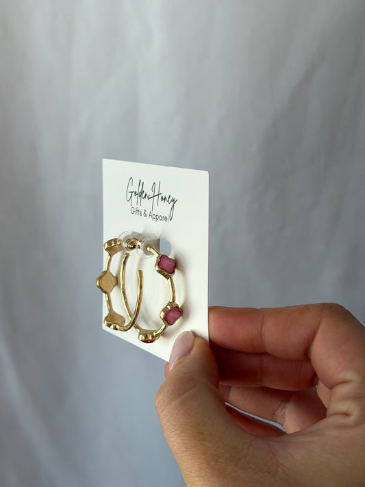 Pink Clover Stone Hoops