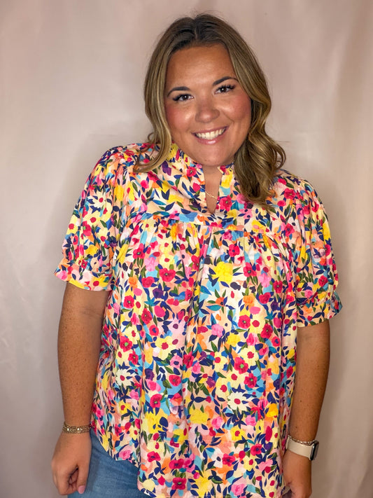 Pink Floral Puff Sleeve Top