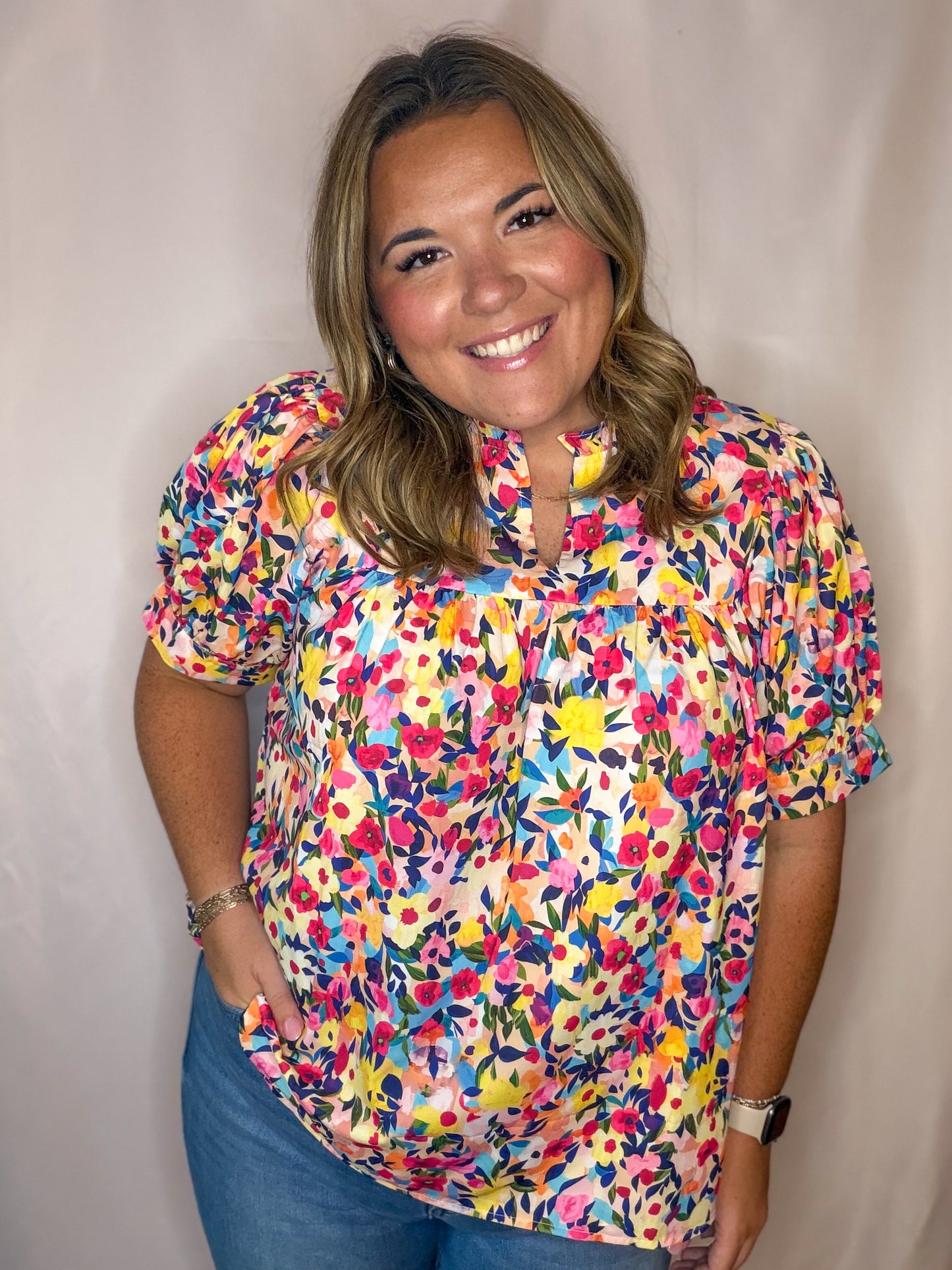 Pink Floral Puff Sleeve Top